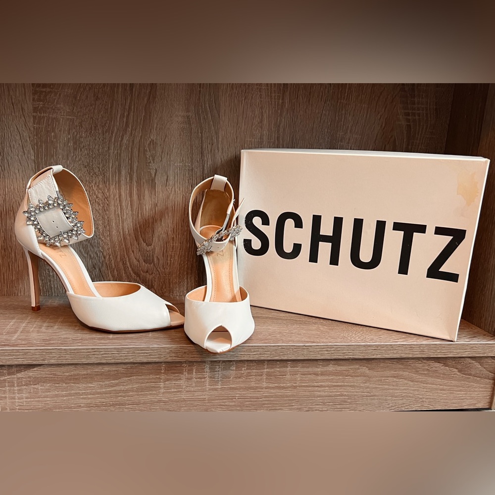 Schutz Embellished Peeptoe White Heels